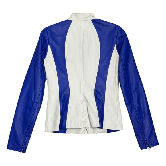 DANIER LEATHER Blue Luxury Designer Casual Motorcycle Bomber Jacket Womens 3XS - Picture 7 of 7